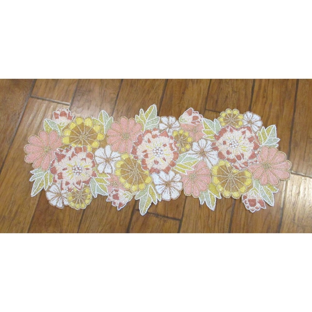 PIER 1 Floral Beaded Table Runner 15 in x 36 in Pink Yellow Peach Mums Daisies